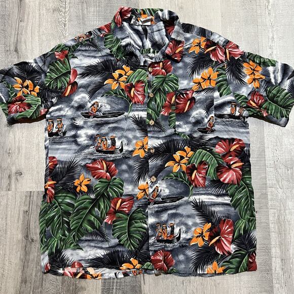 VTG Kennington Canoeing Hula Girls Gray Loop Collar Hawaiian Rayon Button Shirt - Picture 1 of 6